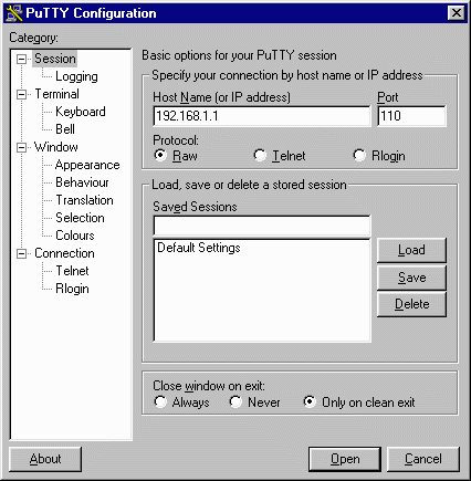PuTTYtel configuration window